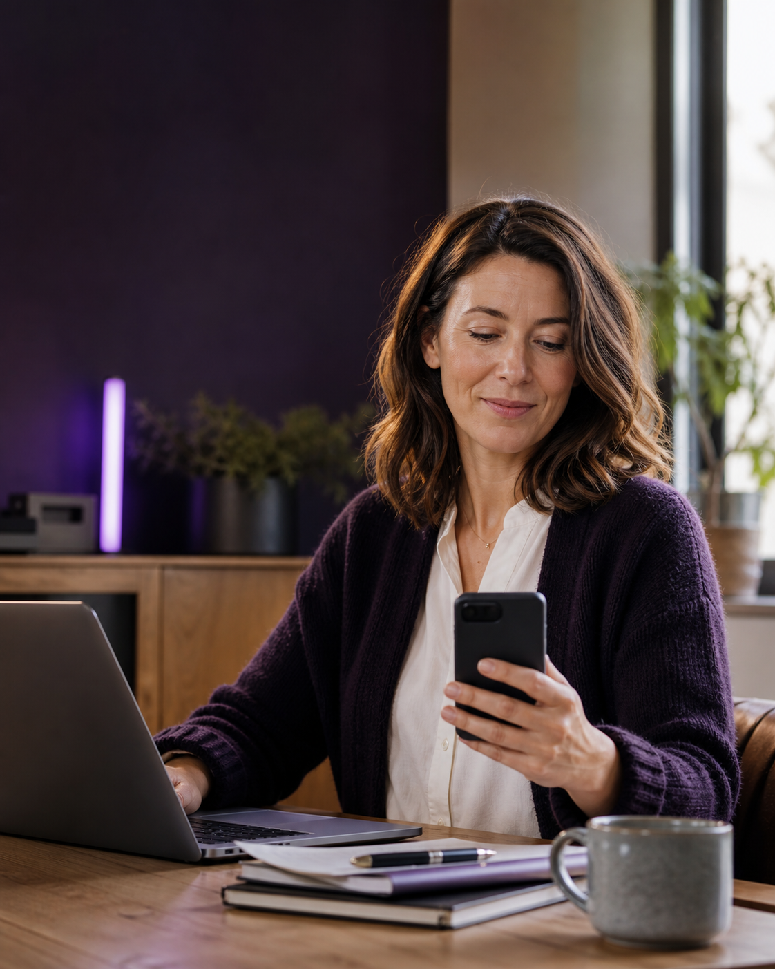 Une entrepreneuse vérifie sereinement un message reçu sur son téléphone